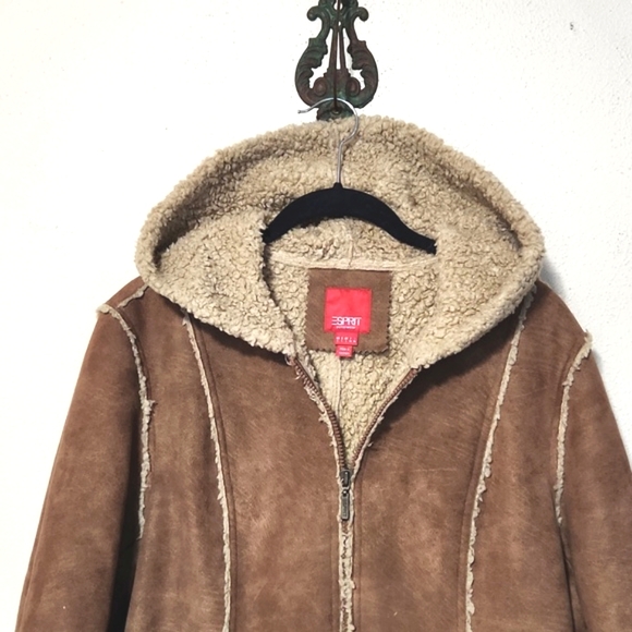 Vintage 80's/90's Esprit Faux Suede Sherpa Lined w/Hood Coat Large - Picture 3 of 12